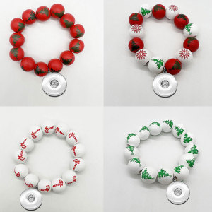 Christmas  Wood Bead Elastic Bracelet fit  20MM Snaps button  wholesale