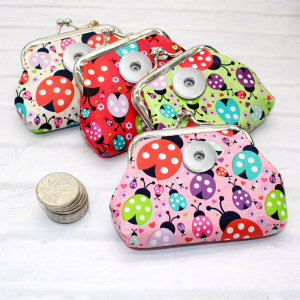 PU Printed Zero Wallet Ladybug Bank Card Bag Children's Zero Money Bag fit 20MM Snaps button jewelry wholesale