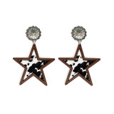 Western Cowboy Five Point Star Natural Genuine Leather Earrings with Leopard Pattern Cow Pattern Wood Earrings