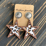 Western Cowboy Five Point Star Natural Genuine Leather Earrings with Leopard Pattern Cow Pattern Wood Earrings