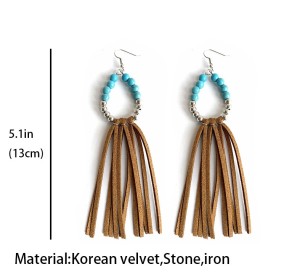 Long turquoise tassel leather earrings