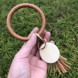 PU bracelet keychain punk denim leather bracelet tassel wood chip pendant