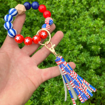 Wooden Bead Bracelet Keychain American Flag Beaded Bracelet Tassel Pendant