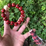 Christmas Black and White Red Plaid Bead Bracelet Leopard Pattern Tassel Wood Bead Bracelet Keychain