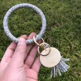 PU bracelet keychain punk denim leather bracelet tassel wood chip pendant