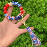 Wooden Bead Bracelet Keychain American Flag Beaded Bracelet Tassel Pendant