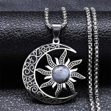 Stainless Steel Natural Stone Moon Sun Pendant Necklace