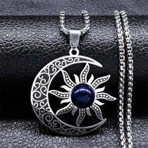 Stainless Steel Natural Stone Moon Sun Pendant Necklace