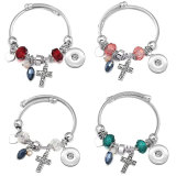 Stainless Steel Couple cross Opening Adjustable Crystal Beaded Bracelet fit snaps jewelry