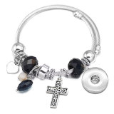 Stainless Steel Couple cross Opening Adjustable Crystal Beaded Bracelet fit snaps jewelry