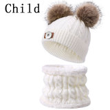 Winter Children's Neck Hat Two Piece Set Plush Ball Baby Knitted Hat Warm Wool Plush Thickened Neck Cover fit 20MM Snaps button jewelry wholesale