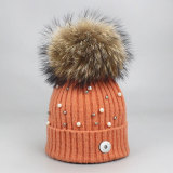 Pearl wool hat, warm autumn and winter rolled edge hat, raccoon fur ball knitted hat fit 20MM Snaps button jewelry wholesale