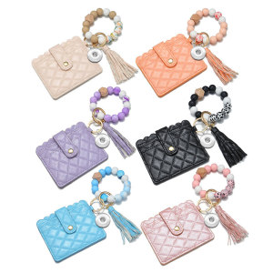 Silicone bead bracelet card bag bracelet diamond geometric leather wallet keychain fit  20MM Snaps button jewelry wholesale