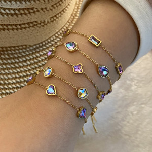 Stainless steel purple heart butterfly flower glass diamond bracelet