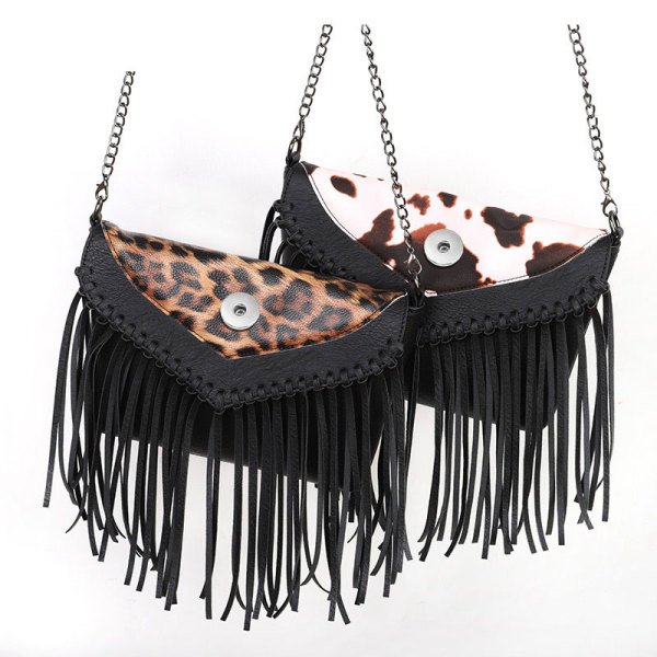 Spliced leopard print tassel chain single shoulder diagonal cross bag fit 20MM Snaps button jewelry wholesale