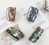 Multi layer PU leather pure natural hexagonal stone magnetic buckle bracelet with small floral style green pine multi row metal bracelet