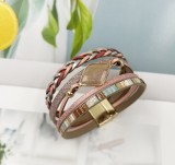 Multi layer PU leather pure natural hexagonal stone magnetic buckle bracelet with small floral style green pine multi row metal bracelet