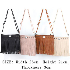 Fashionable soft leather rivet tassel bag, single shoulder diagonal cross bag, large bag fit 20MM Snaps button jewelry wholesale