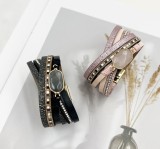 Multi layer PU leather pure natural hexagonal stone magnetic buckle bracelet with small floral style green pine multi row metal bracelet