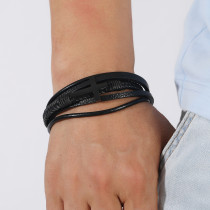 Multi layer leather woven smooth magnetic buckle cross bracelet