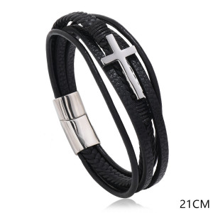Multi layer leather woven smooth magnetic buckle cross bracelet