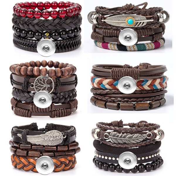 Vintage Multi layer Alloy Leather Bracelet Ethnic Style Wax Rope Leather Bracelet fit 20mm snaps  jewelry