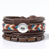 Vintage Multi layer Alloy Leather Bracelet Ethnic Style Wax Rope Leather Bracelet fit 20mm snaps  jewelry
