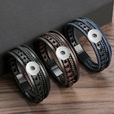 Fashionable multi-layer leather rope woven bracelet with leather alloy magnetic buckle bracelet fit 20mm snaps  jewelry