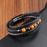 21CM Stainless steel yellow tiger stone natural stone retro punk woven leather bracelet