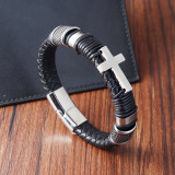 21CM Stainless steel cross vintage punk woven leather bracelet