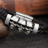 21CM Stainless steel skull retro punk woven leather bracelet