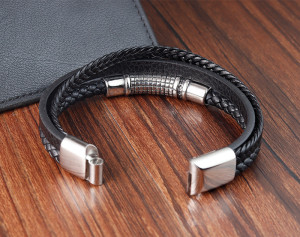 21CM Stainless steel  retro punk woven leather bracelet