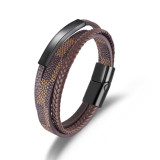 21CM Stainless steel  Multi layer woven leather magnetic buckle bracelet