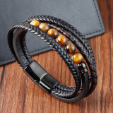 21CM Stainless steel yellow tiger stone natural stone retro punk woven leather bracelet