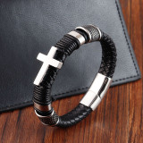 21CM Stainless steel cross vintage punk woven leather bracelet