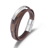 21CM Stainless steel  Multi layer woven leather magnetic buckle bracelet
