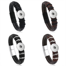 Leather handmade cowhide woven men's leather bracelet, retro alloy bracelet suitable  fit 20mm Snap button jewelry wholesale