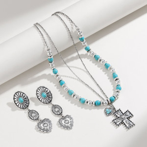 Turquoise Double layered Cross Love Necklace Earring Set