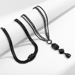 Black double row glass diamond pendant necklace