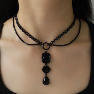 Black double row glass diamond pendant necklace