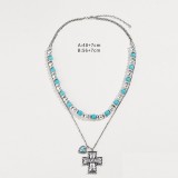 Turquoise Double layered Cross Love Necklace Earring Set