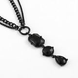Black double row glass diamond pendant necklace