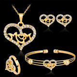 Mother's Day MOM Alloy Diamond Love Necklace Earrings Ring Bracelet Set