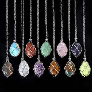 Natural crystal agate stone stainless steel chain metal bamboo mesh pocket necklace