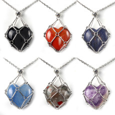 Valentine's Day Natural Crystal Agate Love Stone Stainless Steel Chain Metal Bamboo Mesh Bag Necklace