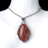 Natural crystal agate stone stainless steel chain metal bamboo mesh pocket necklace