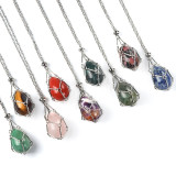 Easter Egg Natural Crystal Agate Stone Stainless Steel Chain Metal Bamboo Mesh Bag Necklace