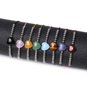 Stainless steel round bead love natural stone woven bracelet