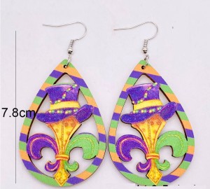 Carnival Colorful Festival Mask Water Droplet Hollow Wooden Earrings