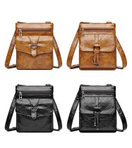 Washed soft leather multi pocket casual crossbody bag